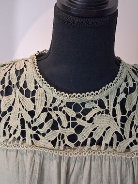 MINE Sage Green Lace Yoke Flutter Sleeve Blouse Size L